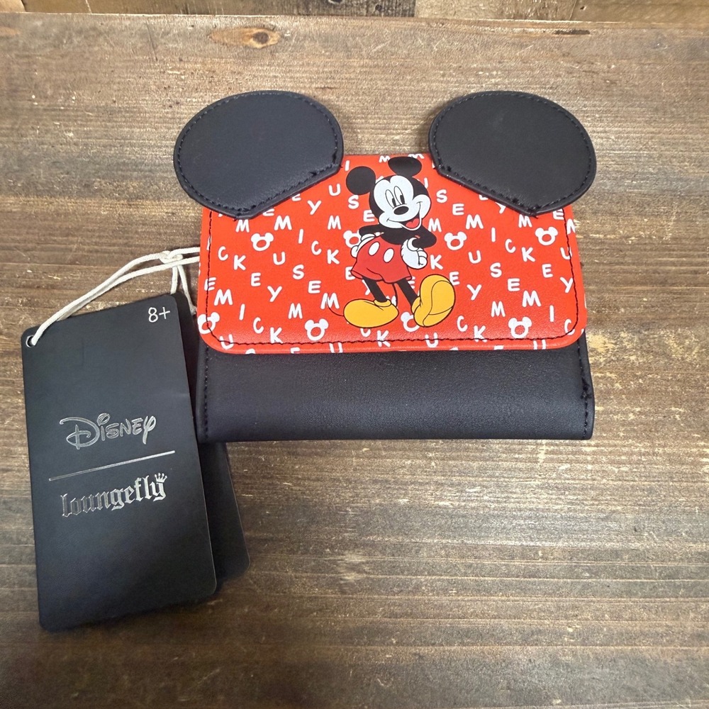Loungefly Disney Mickey Mouse Red Black Trifold Wallet with 3D Ears New